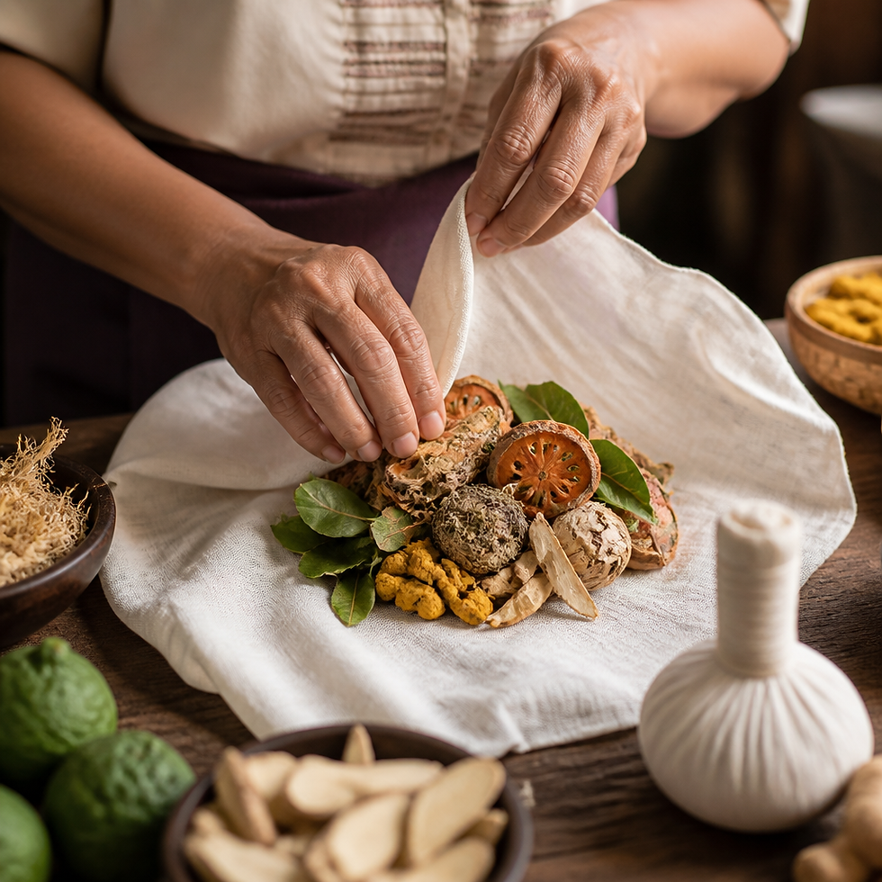 Dried medicinal herbs and spices arranged for a traditional Thai herbal compress therapy preparation