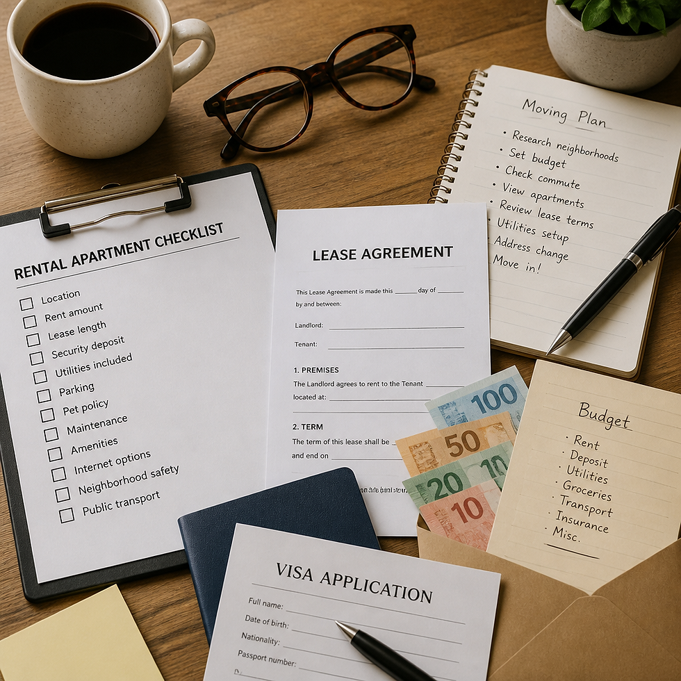 Apartment rental documents and planning materials on a desk for expat relocation