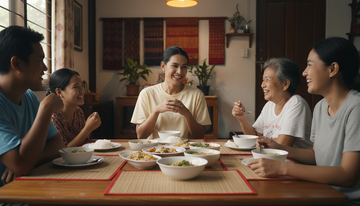 Eye-level view of an adult Thai transgender woman sharing a meal with relatives in a modest home.