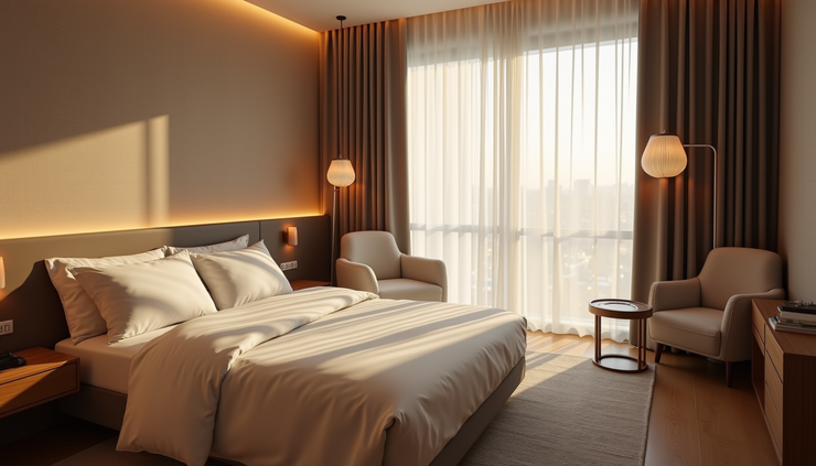 High angle view of a cozy hotel room with a comfortable bed and soft lighting