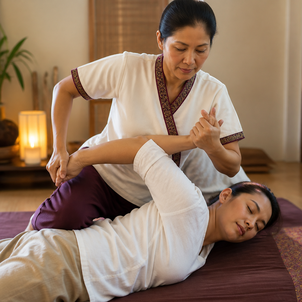 Thai massage practitioner demonstrating a stretching technique on a mat.