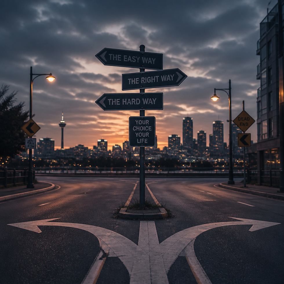 Urban crossroads at dusk representing divergent paths and critical decision points