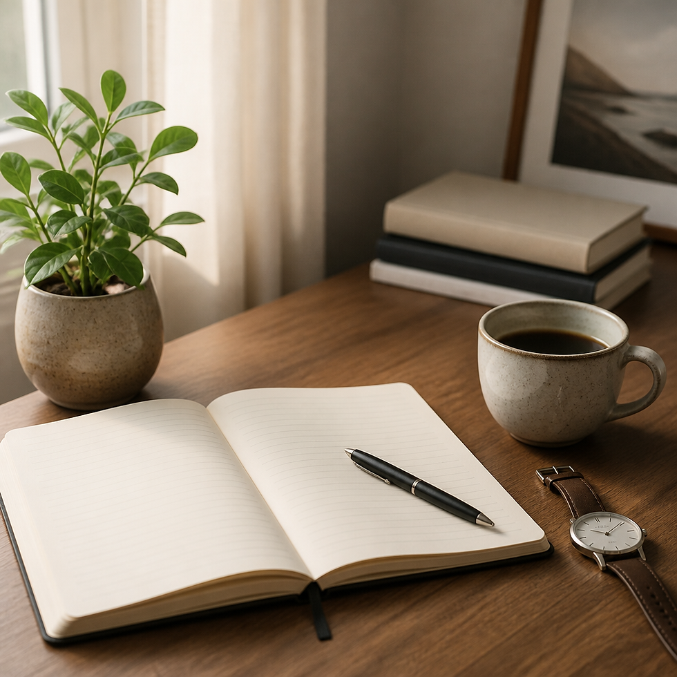 Open notebook, pen, wristwatch and coffee on a wooden desk, illustrating reflection on Pimpin Ken wealth beyond money.