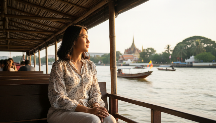Medium shot of a Thai woman sitting alone on a ferry and looking across the water