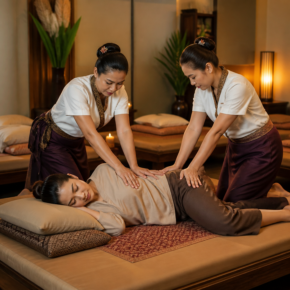 Two Thai massage therapists performing synchronized four-hand massage on a client