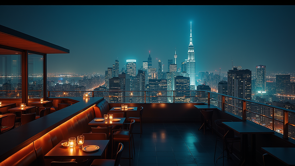 High angle view of a rooftop bar with city skyline at night