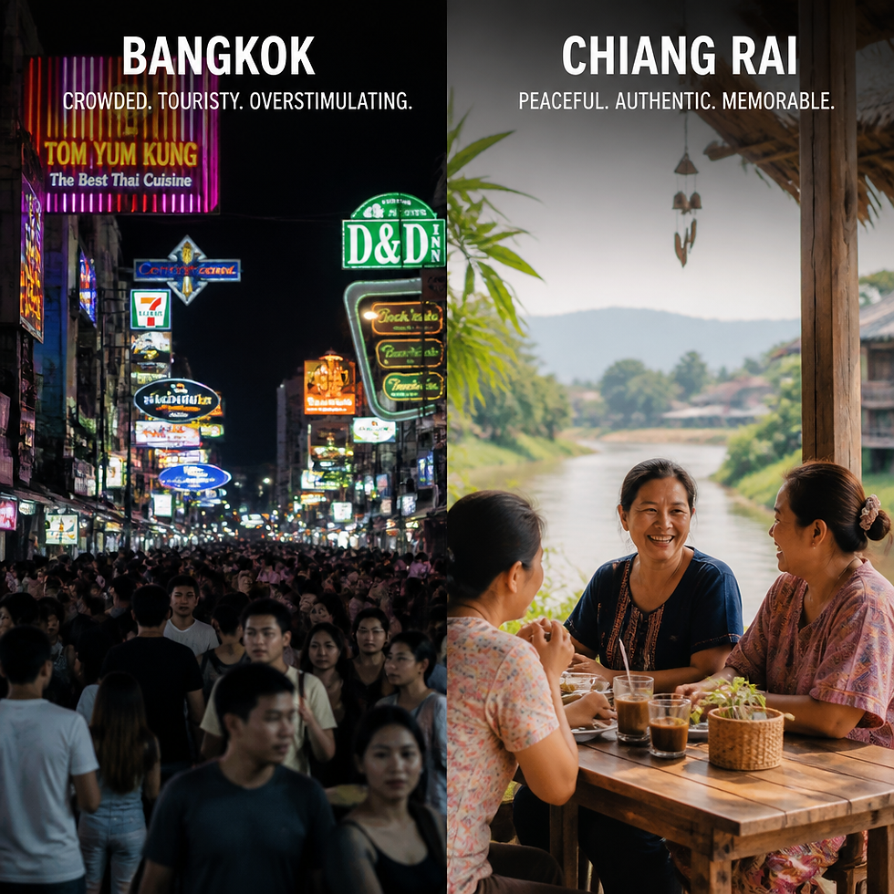Contrast between crowded Bangkok nightlife and peaceful Chiang Rai riverside scenes