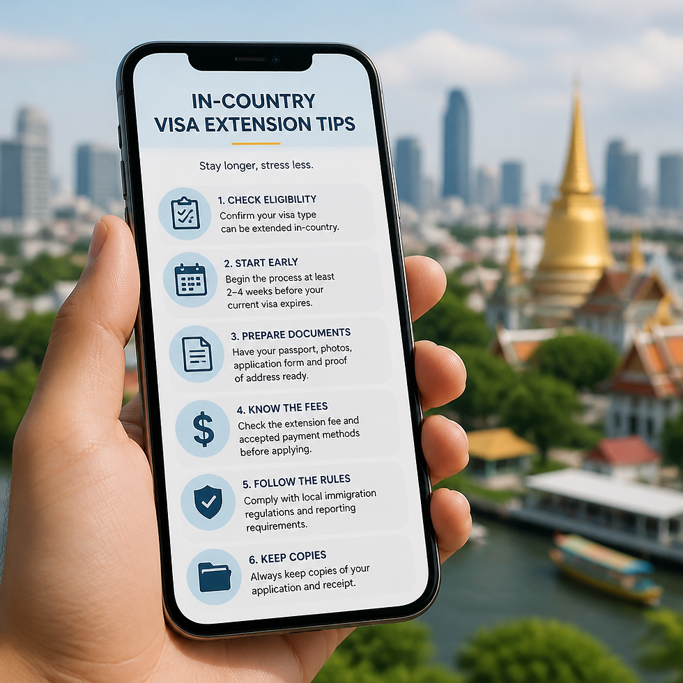 Smartphone displaying tips for in-country visa extensions in a Southeast Asian city.