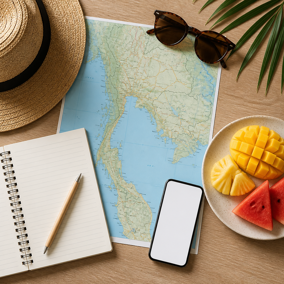 Flat-lay of a Thailand coast map, notebook and sunglasses for planning a beach trip and budget.