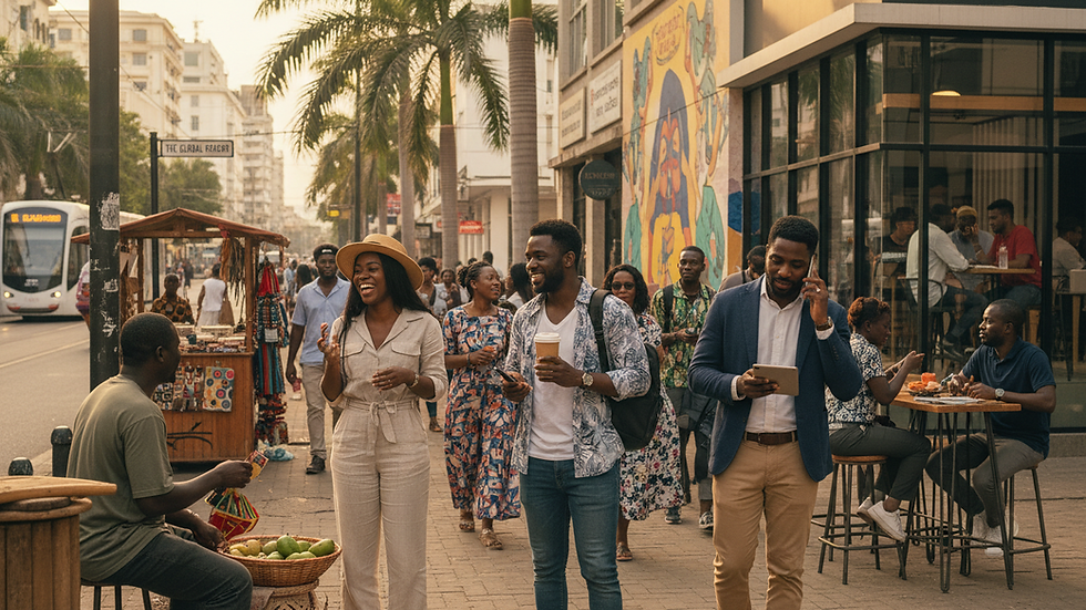 Eye-level view of a city street with diverse people walking