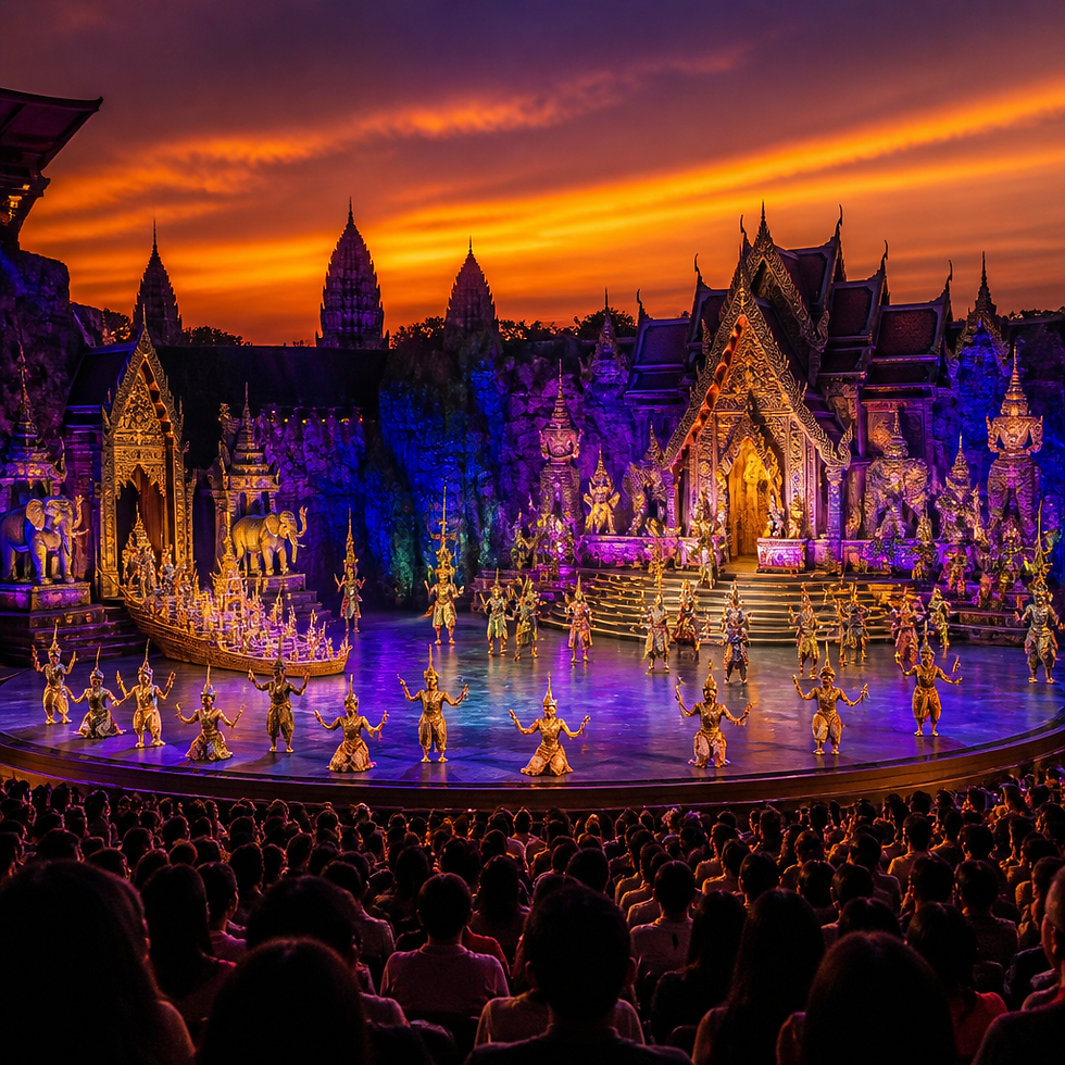Outdoor theatrical performance stage at Nong Nooch with elaborate Thai cultural show and dramatic stage lighting
