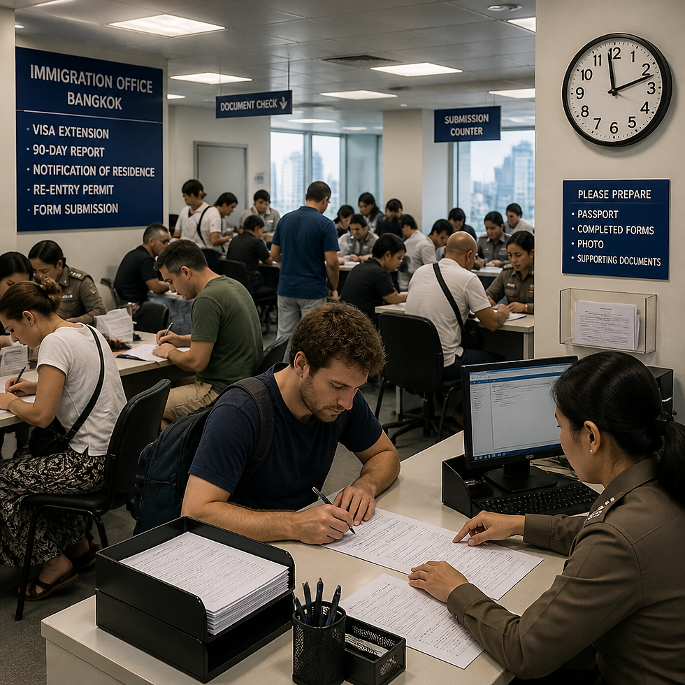 Black expats renewing their visa in a busy Bangkok immigration office.