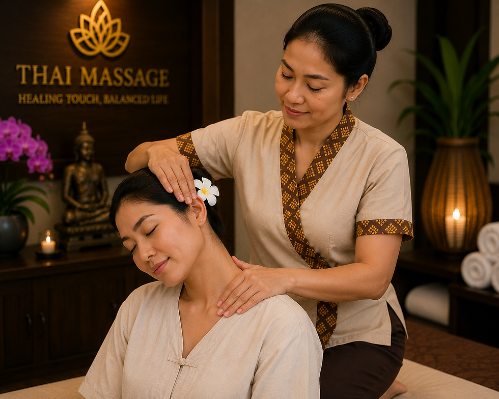 Licensed Thai massage therapist performing a gentle neck massage on a client in a clean, professional Thai massage clinic.