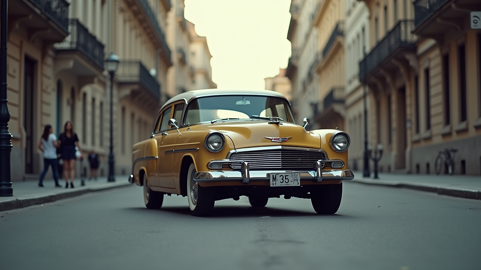 Eye-level view of a vintage car parked on a city street