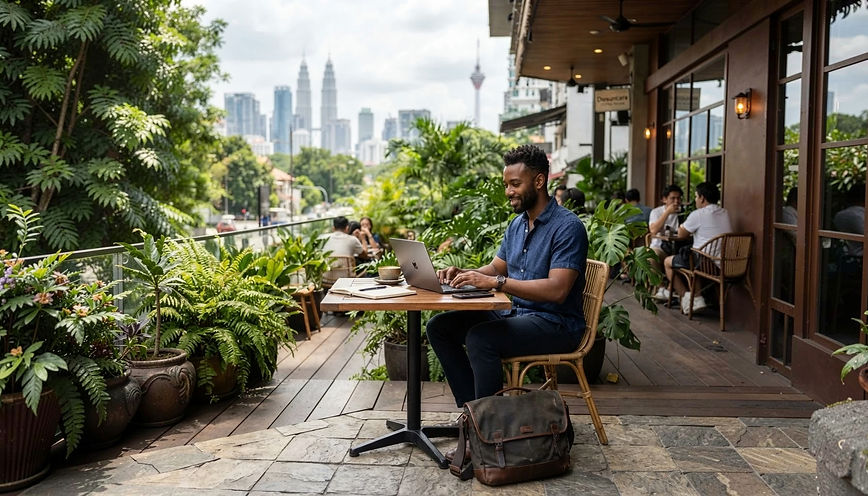 Black expat working on a laptop at a cafe terrace in Kuala Lumpur