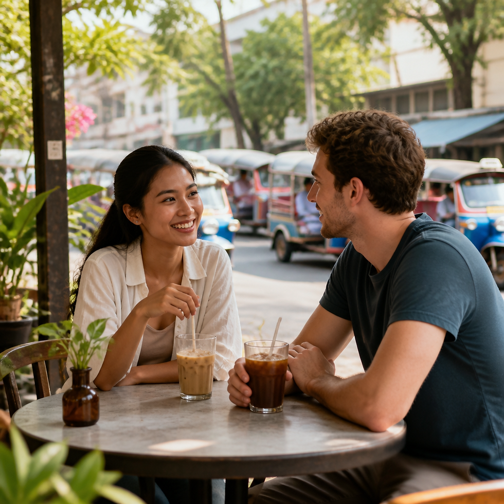Thai woman and foreign man chatting over iced coffee at an open-air cafe in Bangkok