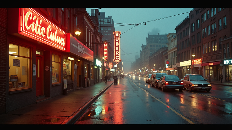 High angle view of a vintage city street with old neon signs