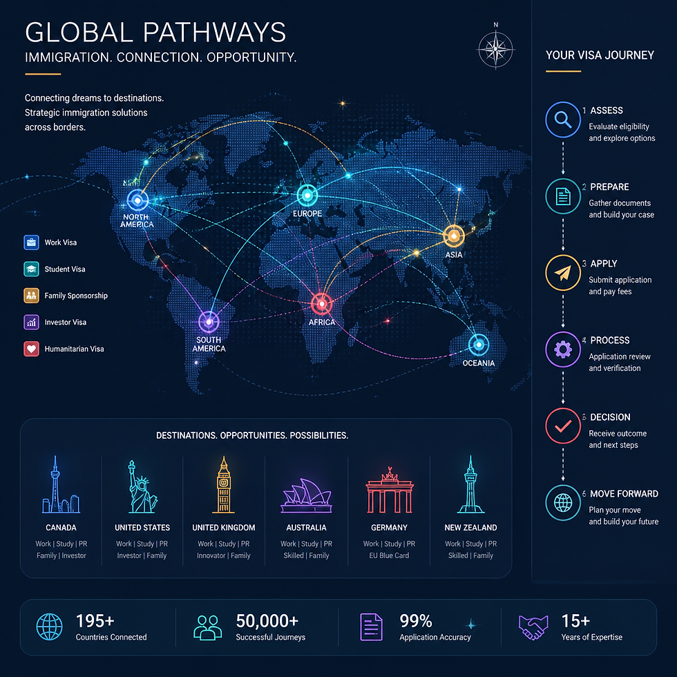 Abstract network visualization representing visa and immigration pathways