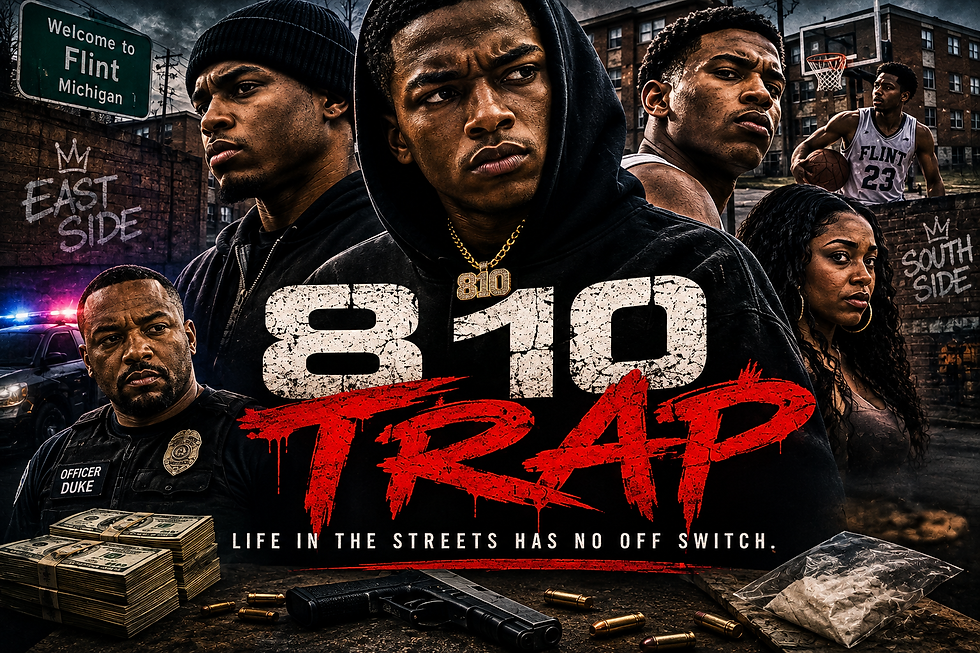 810 TRAP movie poster featuring Flint street life, rival crews, basketball, police pressure, and violence.
