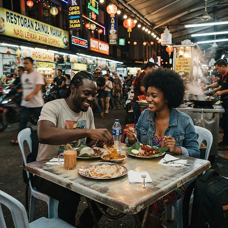 Two Black travelers eating nasi lemak and roti canai at a night food stall in Kuala Lumpur
