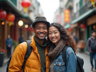 Black couple smiling on a lantern-lit street in China