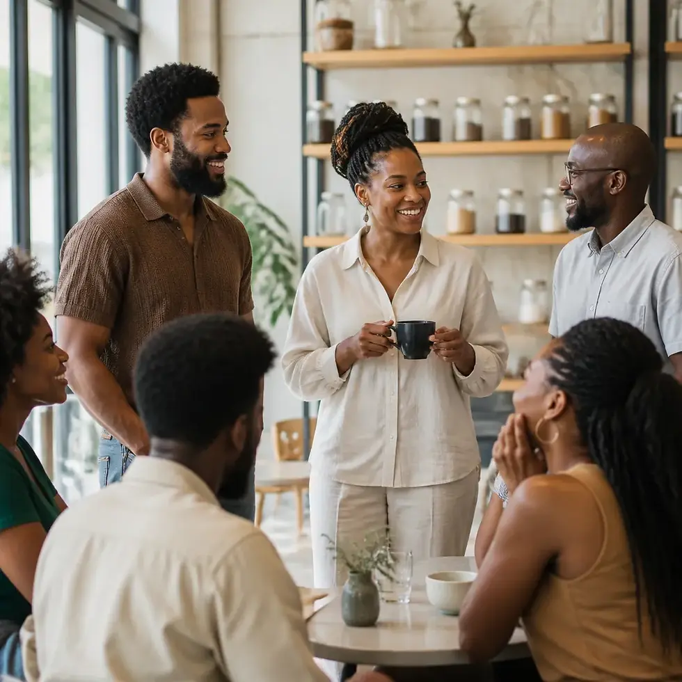 Group of Black expatriates chatting together at a community meetup in a modern Osaka cafe