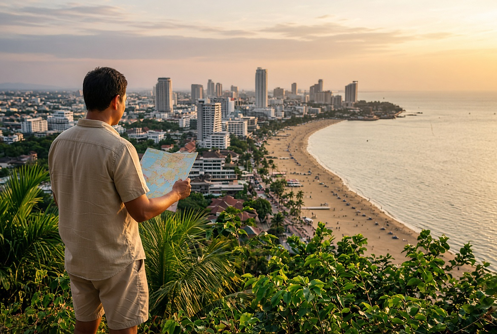 Traveler choosing the best area to stay in Pattaya while overlooking Pattaya Bay