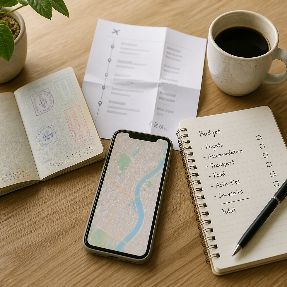 Passport, travel itinerary, and budget notes arranged on a desk for planning a first trip to Thailand for dating.