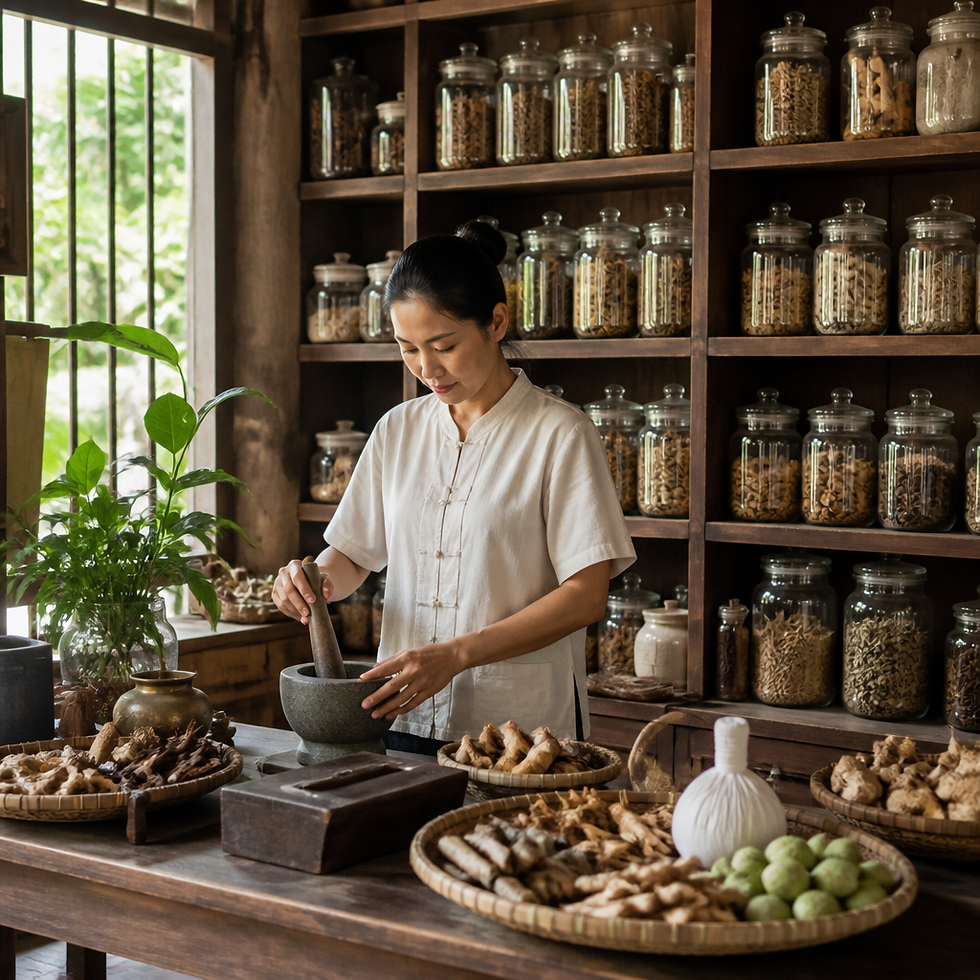 Interior of an authentic Thai traditional medicine clinic with shelves of dried medicinal herbs and remedies
