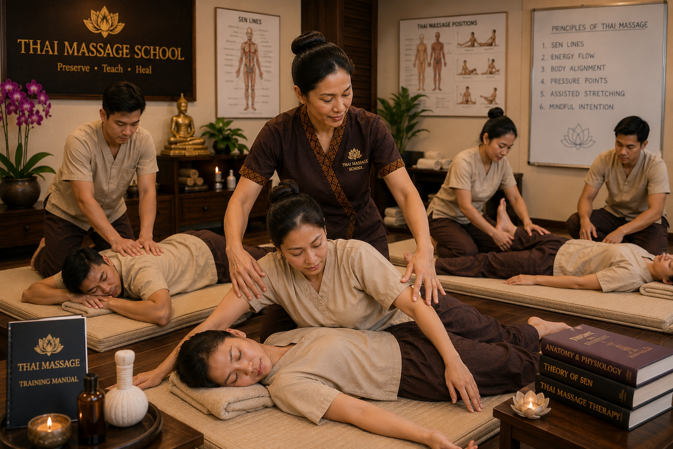 Massage students practicing traditional Thai massage techniques under instructor supervision in a professional training classroom, learning assisted stretching, body mechanics, pressure techniques, and proper therapeutic methods.