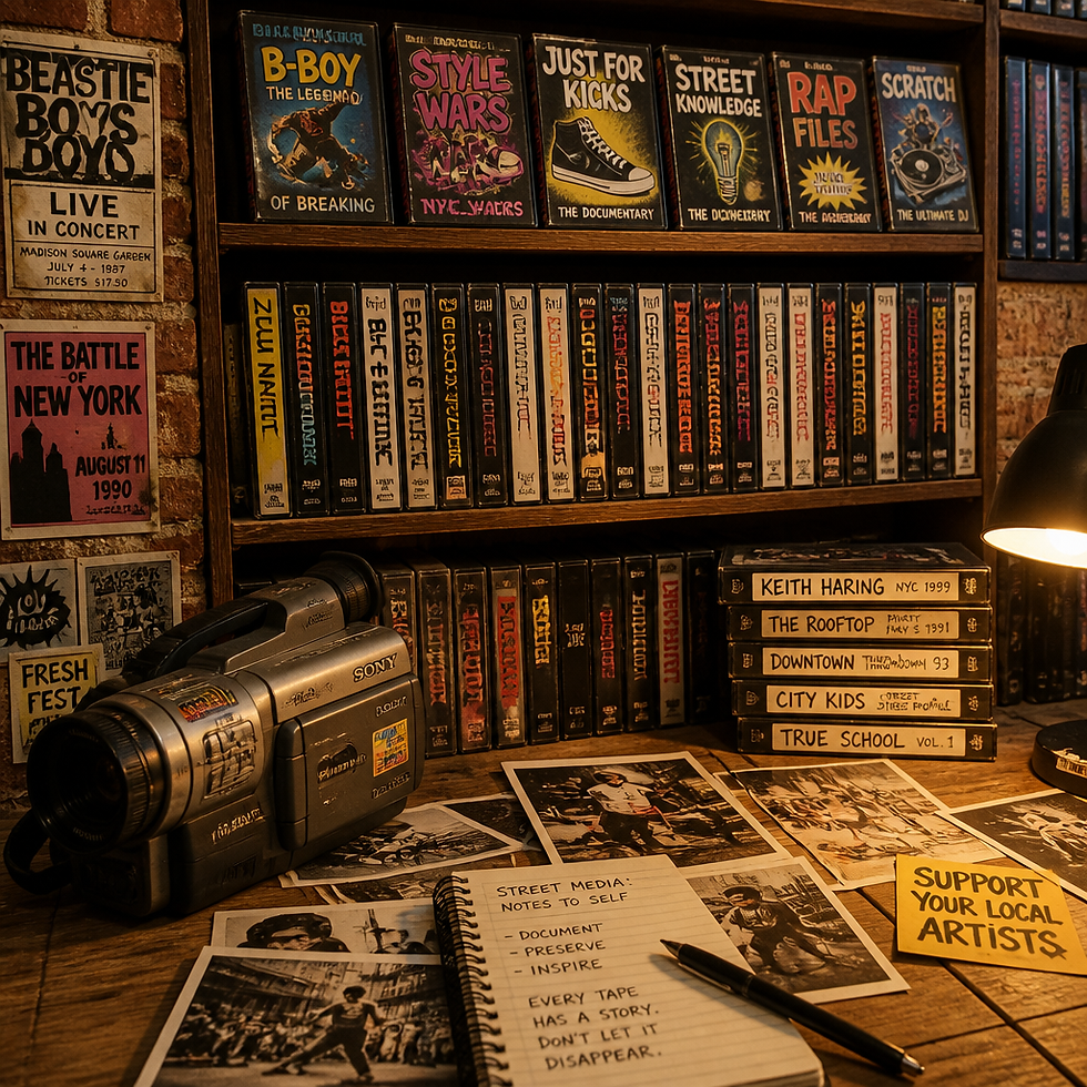 Vintage DVDs and street media archive displayed on wooden shelves with retro camcorder and photographs