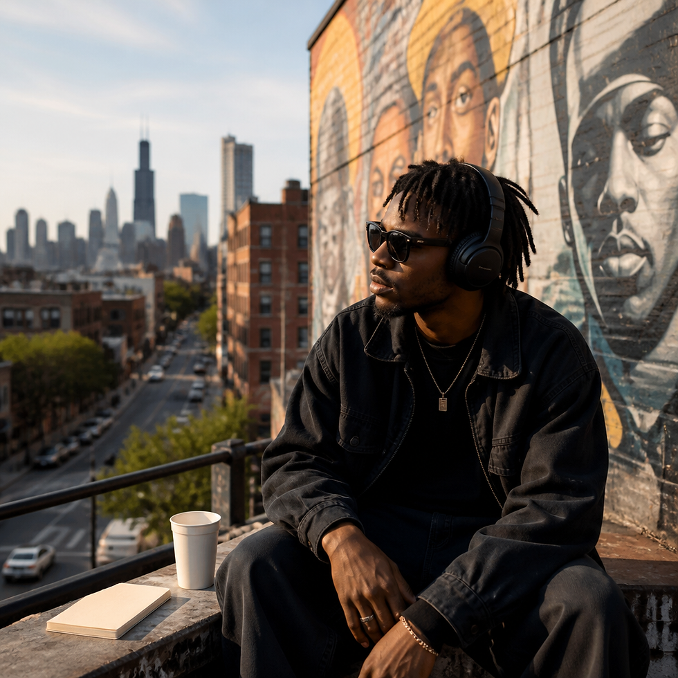 Person in urban environment wearing headphones, listening to street culture radio with city backdrop