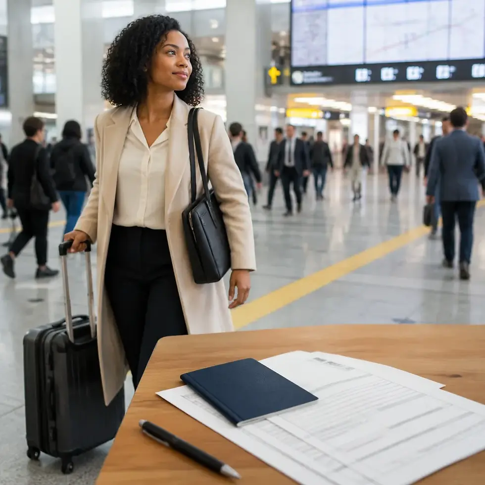 Black American woman with luggage walking through a Tokyo train station, with visa paperwork in the foreground