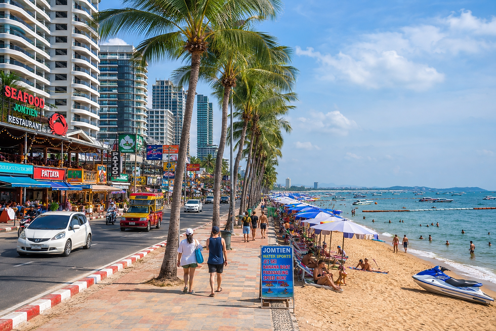 Jomtien Beach videos showing the beachfront, Beach Road, boats, hotels, and promenade during the day