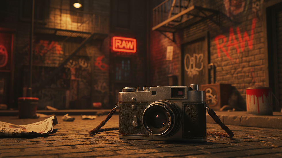 Close-up view of a vintage film camera on a street set