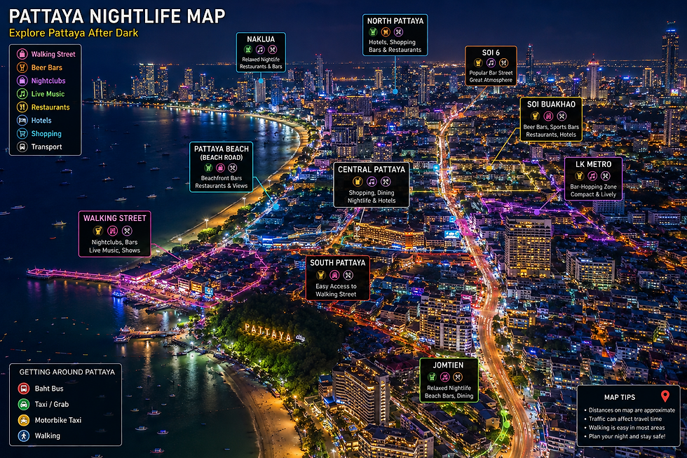 Pattaya nightlife map overview showing major nightlife areas and city skyline
