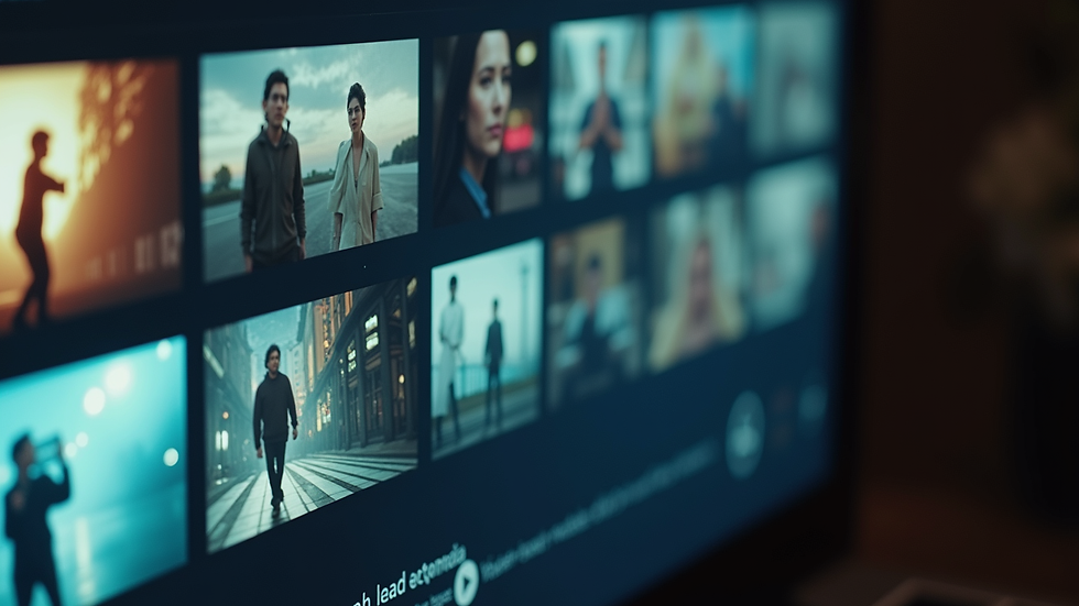 Close-up view of a streaming device showing urban movie thumbnails