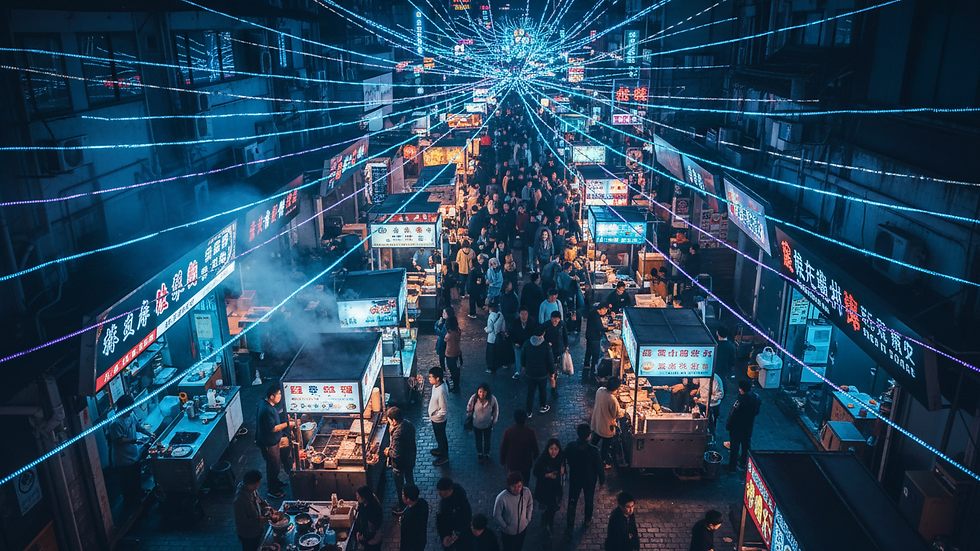 High angle view of a vibrant night market with food stalls and colorful lights