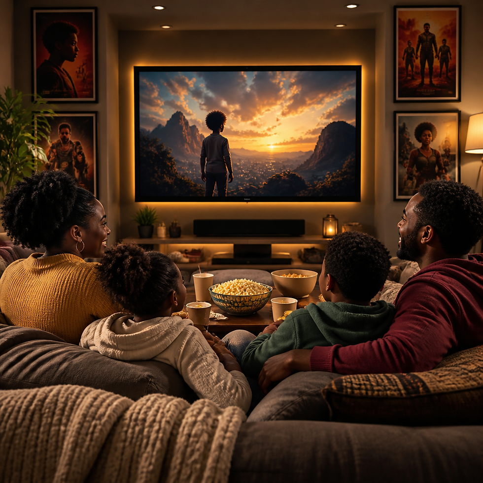 Family enjoying an AllBLK alternative movie night in a cozy living room.