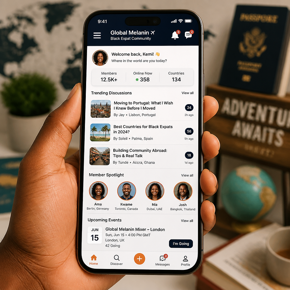 Smartphone displaying Black expat community forum with active discussions and member engagement