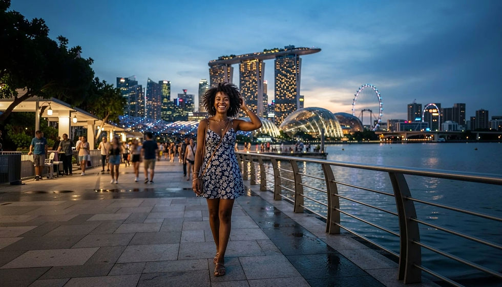 Black woman traveler smiling on the Marina Bay waterfront at dusk, Singapore