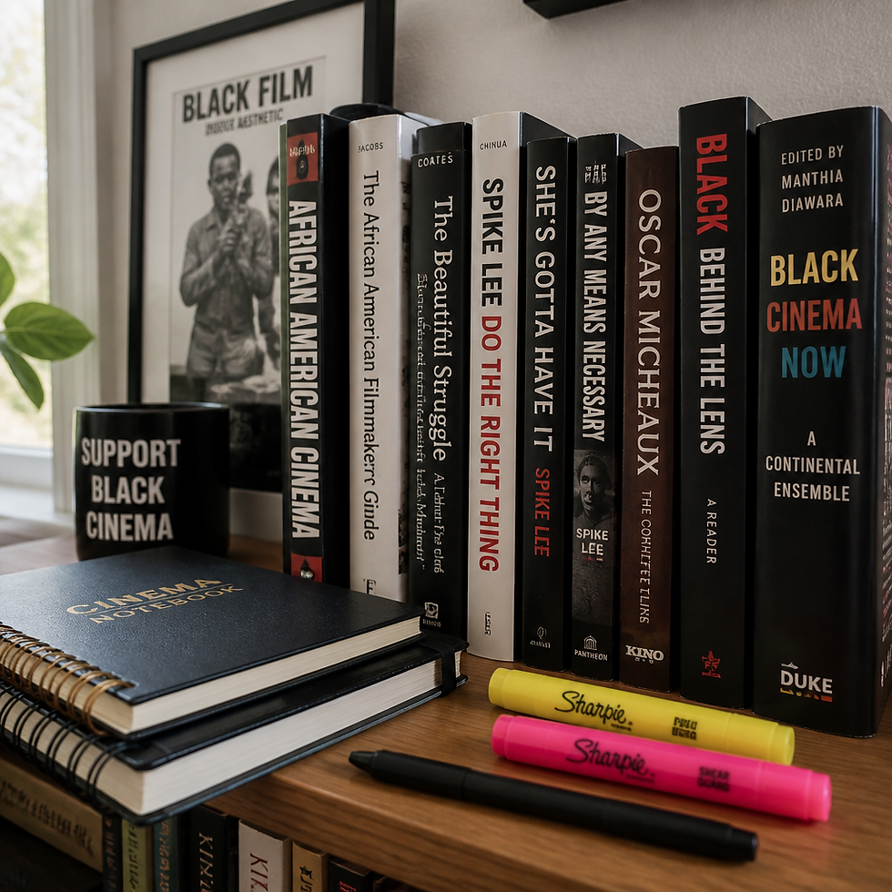 Collection of African American cinema books and film resources on a shelf