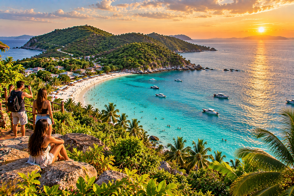 Travelers exploring Koh Larn viewpoint overlooking beaches, turquoise water and island activities