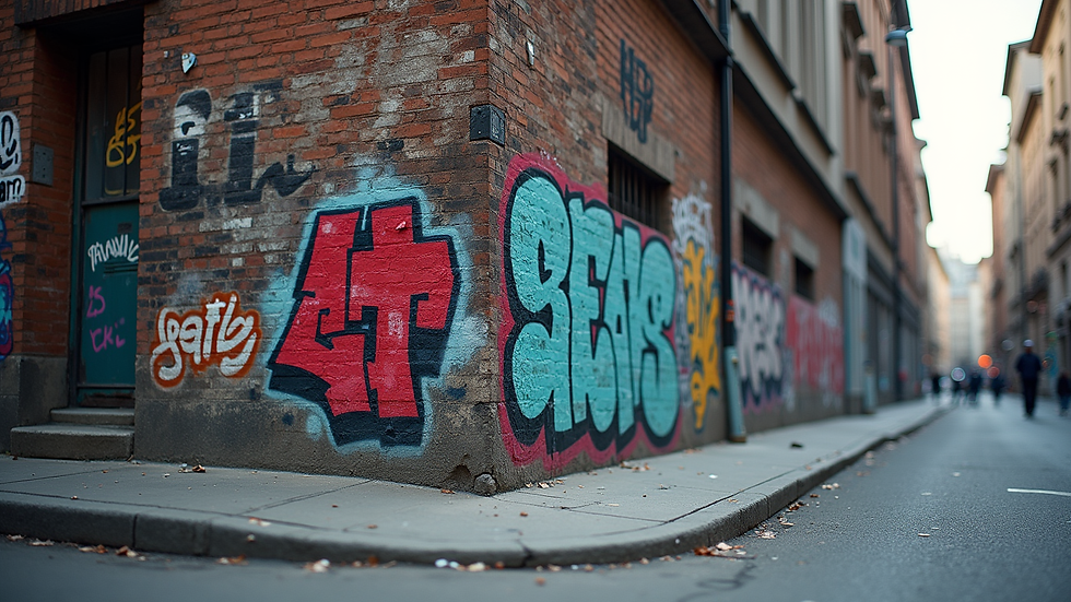 Eye-level view of a street corner with urban graffiti art