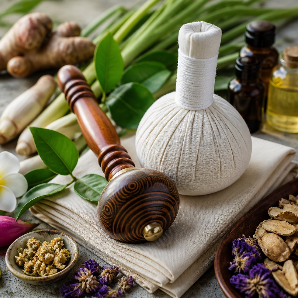 Traditional Thai massage tools and medicinal herbs arranged on linen