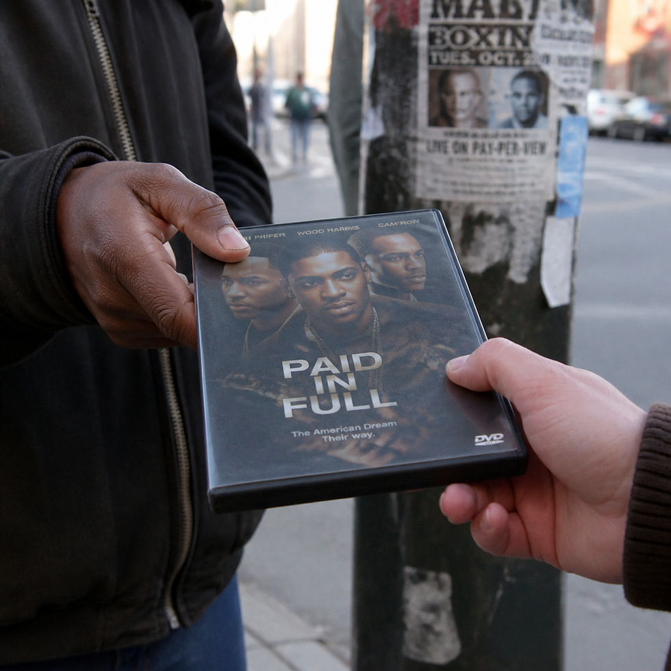 Close-up of hands passing a DVD case in street exchange