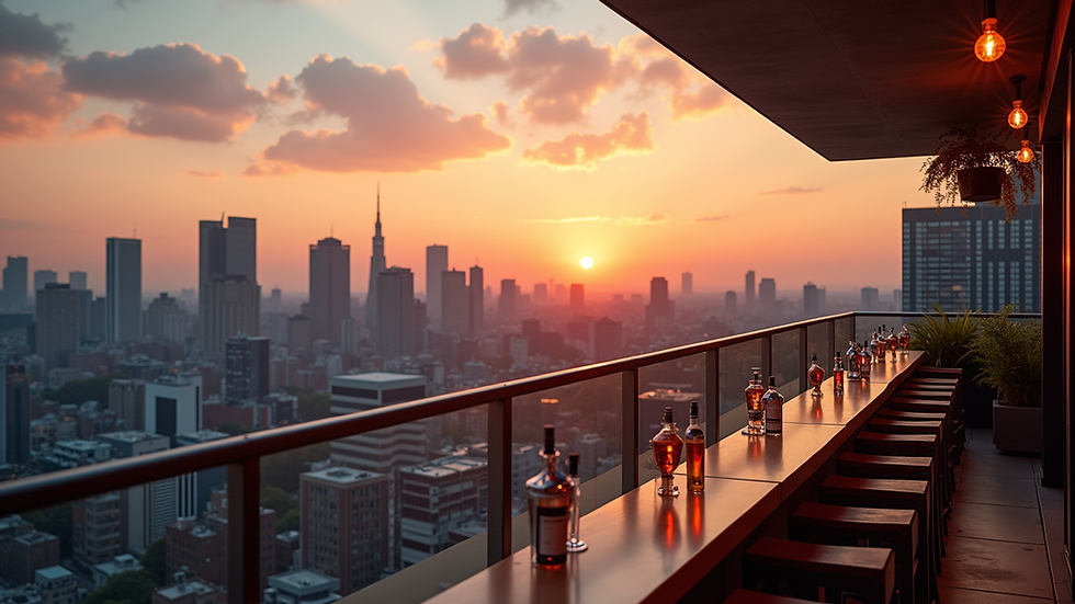 Eye-level view of a rooftop bar with city skyline at sunset