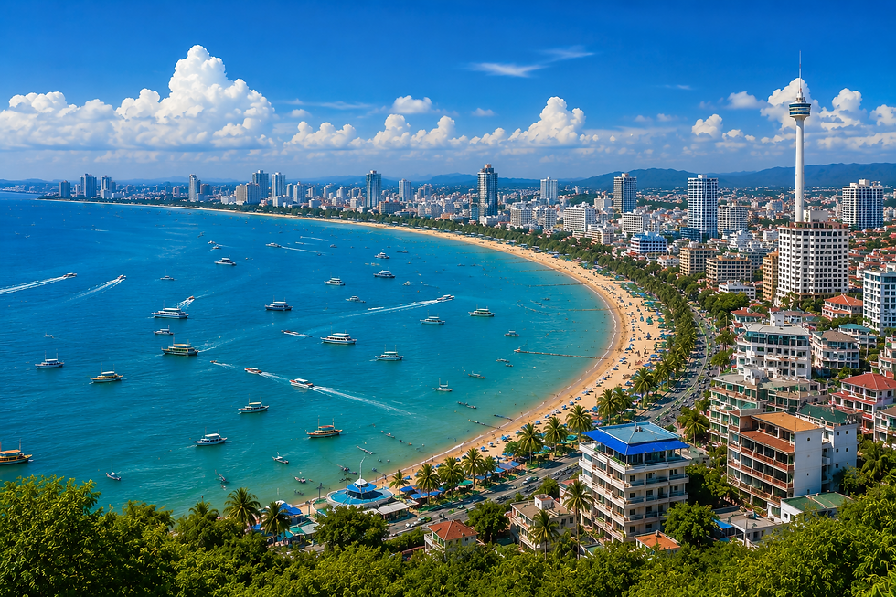 Pattaya Thailand coastline, beach, city skyline, and Gulf of Thailand