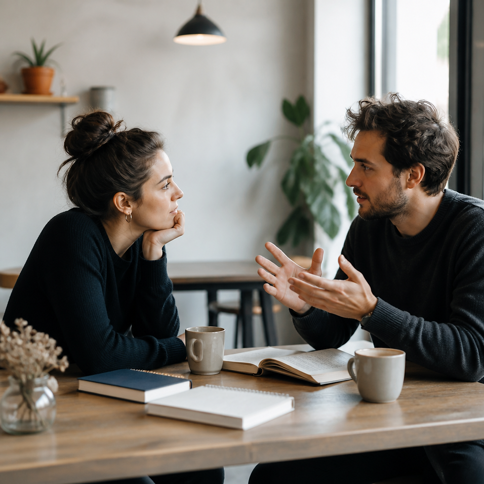 Two people in a bright café leaning in during a focused conversation, illustrating the psychology of influence in everyday talk.