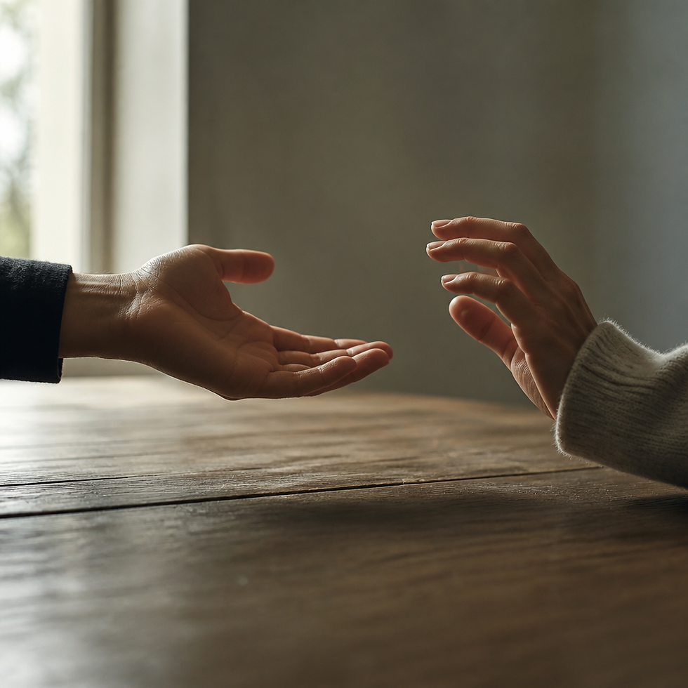 Two hands reaching toward each other on a table surface, depicting hesitation and the uncertainty of trust